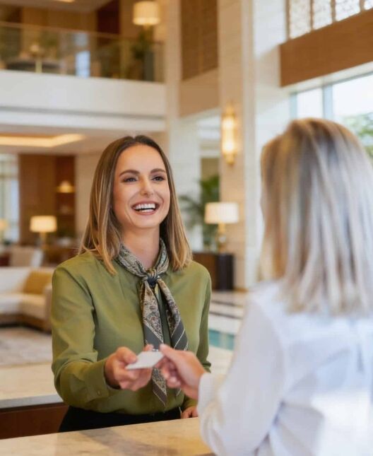 HotelExecutive Article A woman smiling and handing a key card to a guest at a hotel reception desk, illustrating excellent guest service in a hospitality setting.